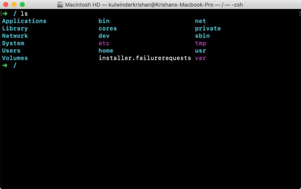 Terminal listing the contents of the root directory