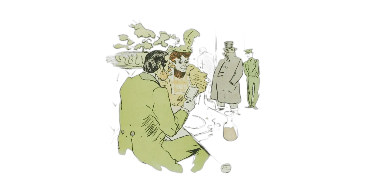 Vintage cafe illustration of a man in a green jacket and a woman in a yellow hat looking at a card — featured image for Count blanks, tabs, and newlines on getc.uk