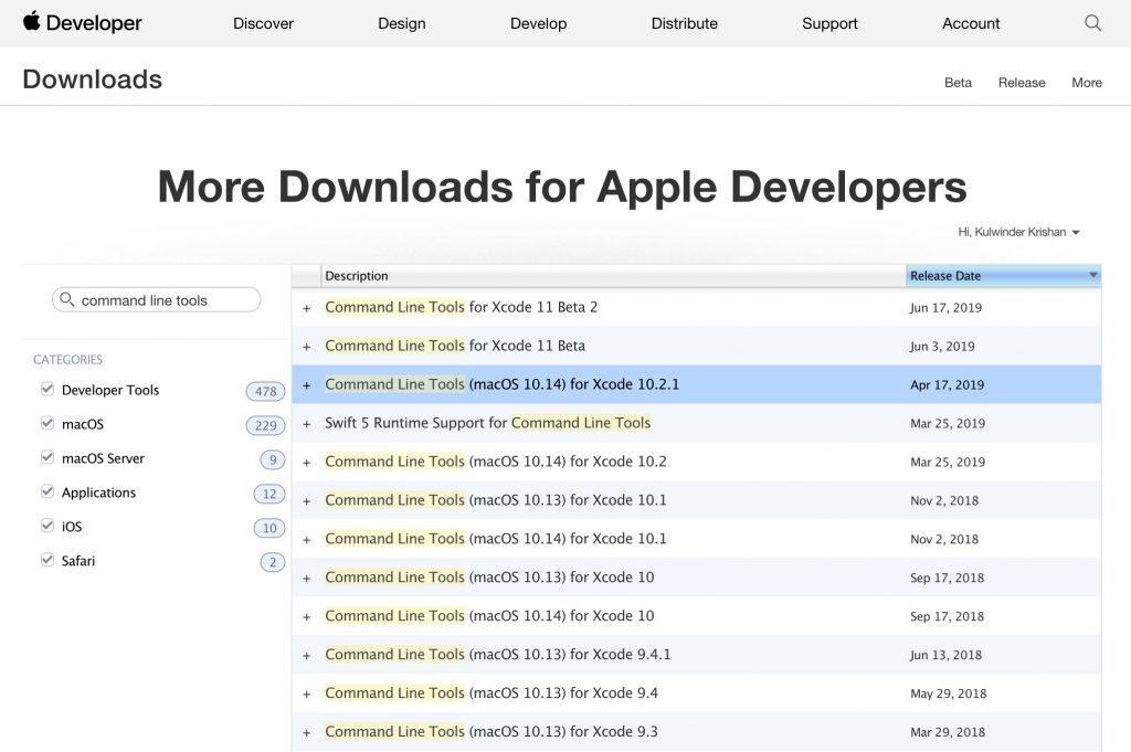 Apple Developer site listing Command Line Tools packages